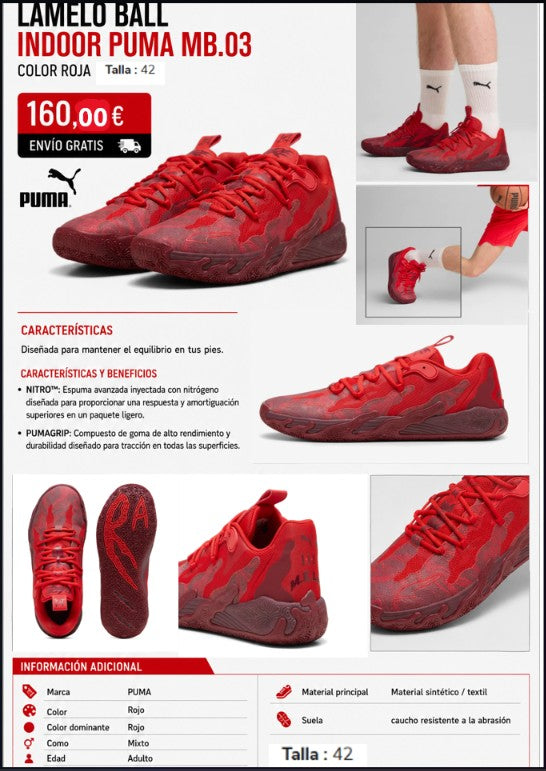 Zapatillas PUMA MB.03 LaMelo Ball Red Indoor Shoes –Size 42
